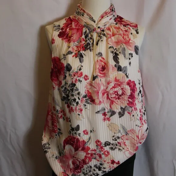White House Black Market Sleeveless White/Pink Floral Blouse Women's Size 14 - Picture 10 of 12